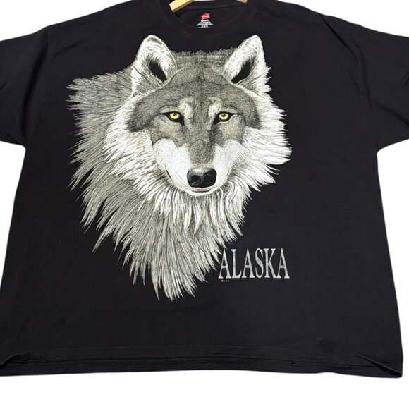 VINTAGE Alaska Wolf Shirt Adult Size 2X Black Graphic Nature Tee Mens T-shirt - Picture 1 of 6